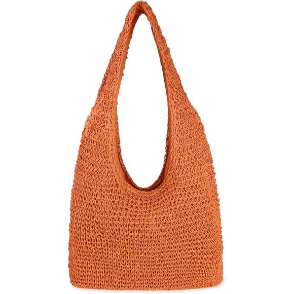 Women's Orange Large Straw Beach Bag Handmade Woven Shoulder Hobo Tote Handbag - Picture 1 of 5